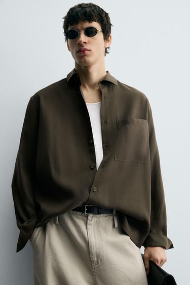Zara RELAXED FIT FLOWY SHIRT - Khaki