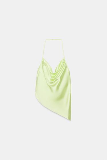 Zara SATENSKI TOP SA AMERIČKIM IZREZOM – zelena limeta