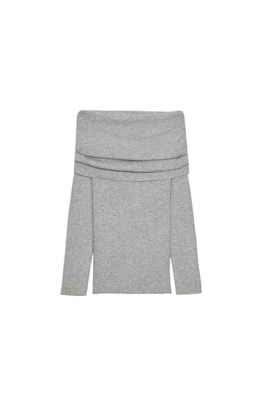 SWETER Z DZIANINY Z DEKOLTEM CARMEN - Szary melanż Zara