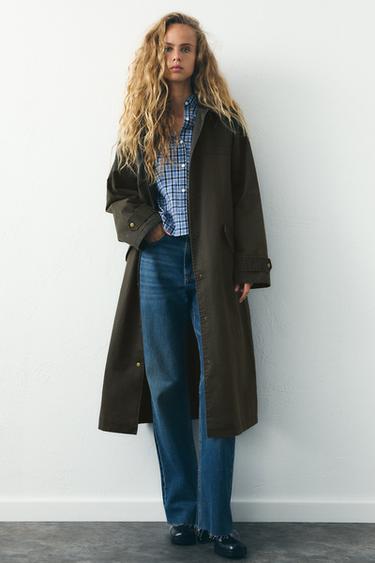 Zara WAXED CORDUROY COLLAR TRENCH COAT - Moss green