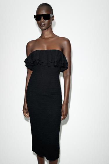 Zara RUFFLED KNIT MIDI DRESS - Black