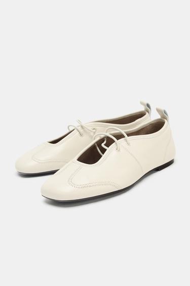LEATHER TOPSTITCHED BALLERINAS - White by Zara - Image 3