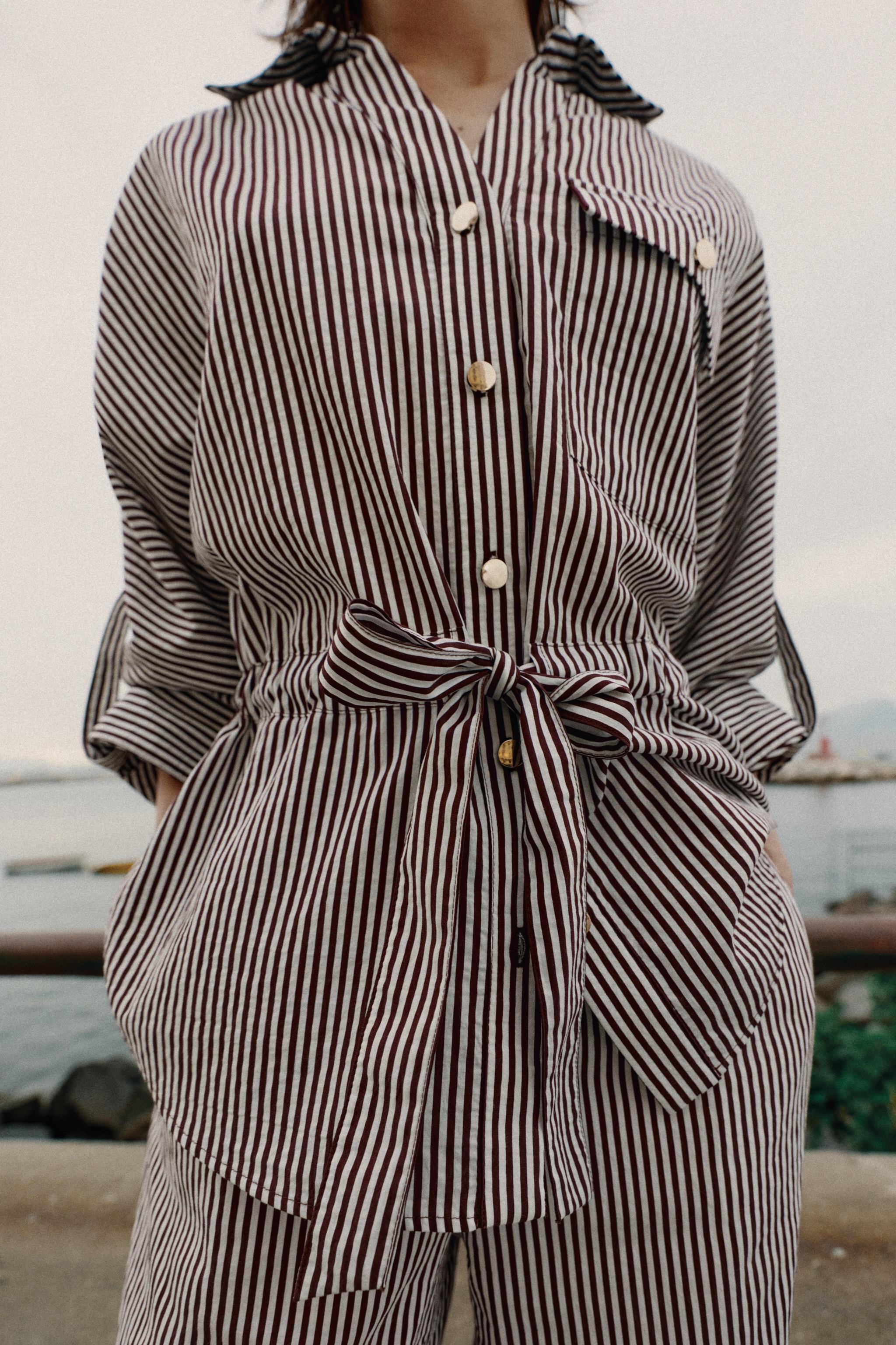 STRIPED SAFARI SHIRT — Brown / White