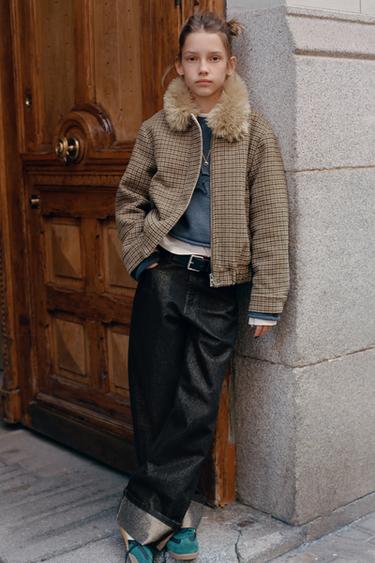 BLOUSON BOMBER À CARREAUX COL EFFET FOURRURE - Beige clair de Zara