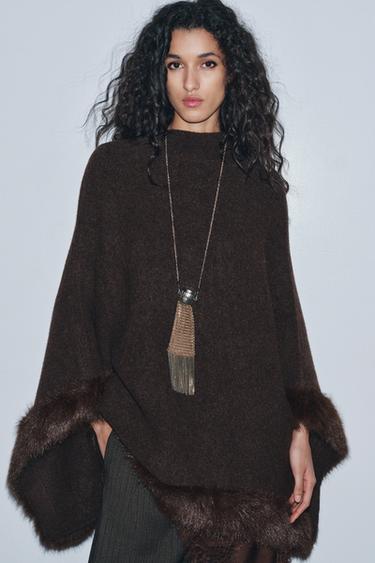Zara FAUX FUR KNIT CAPE PONCHO - Dark mink