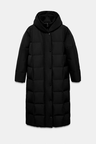 Zara LONG WATER REPELLENT WINDPROOF HOODED PUFFER COAT - Black