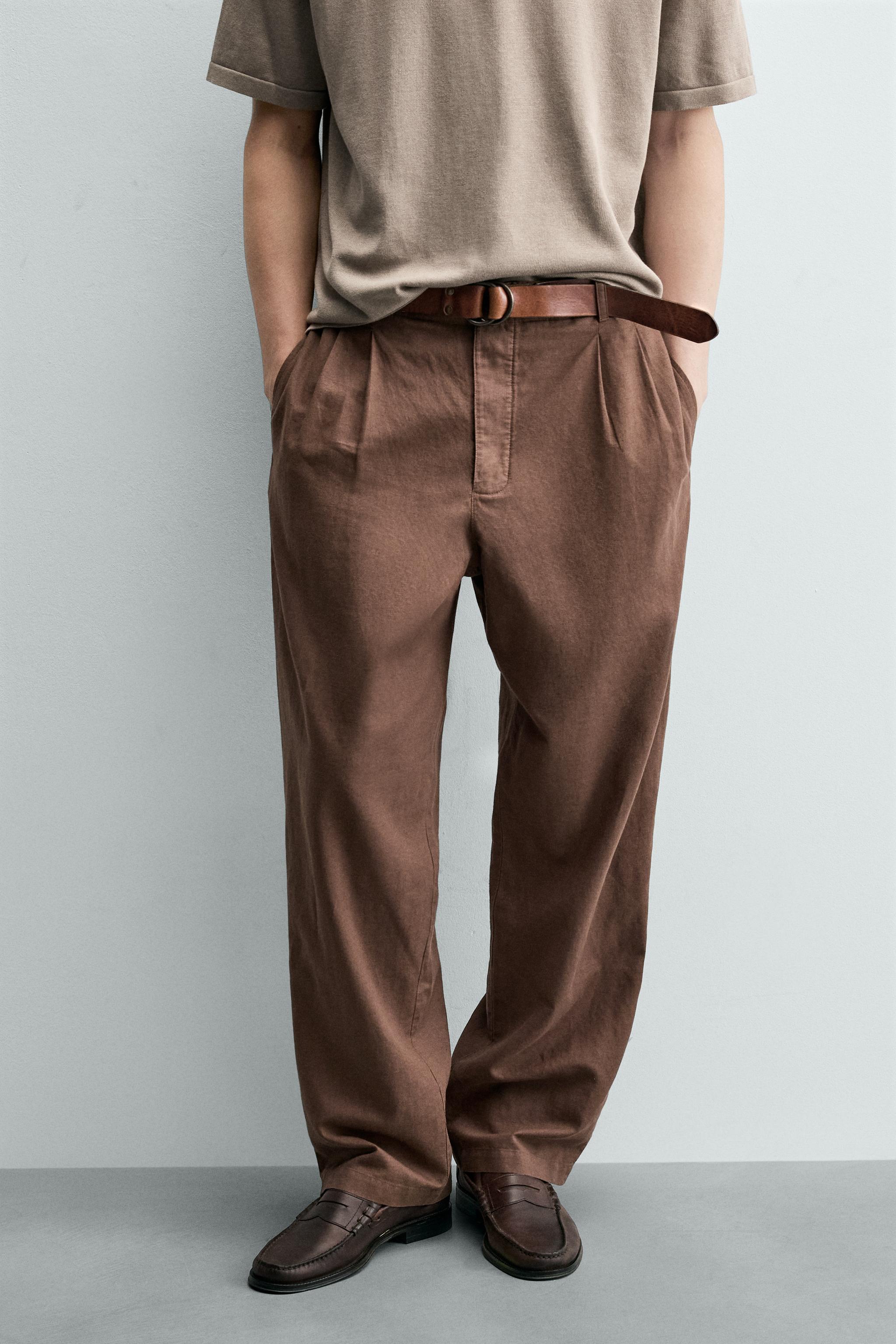 HEMP AND COTTON RELAXED FIT PANTS — Brown