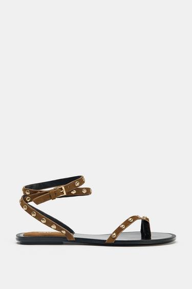 LEATHER STUDDED STRAPPY SANDALS - Brown by Zara - Image 2