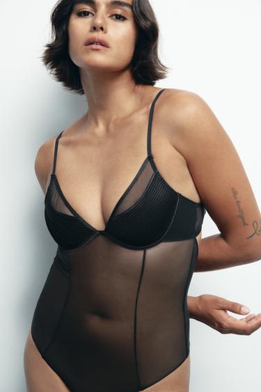 SEMI-SHEER PLEATED BODYSUIT - Black by Zara