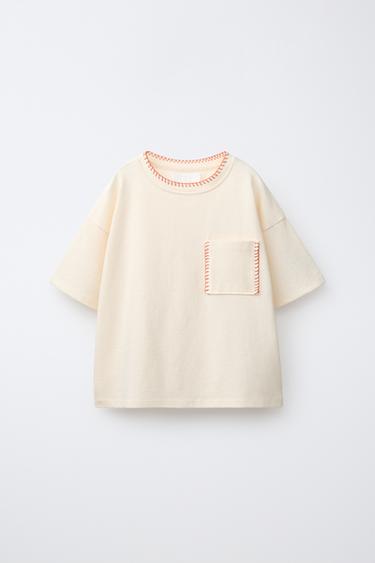 T-SHIRT WITH CONTRAST SEAMS AND POCKET - Ecru by Zara - Image 0
