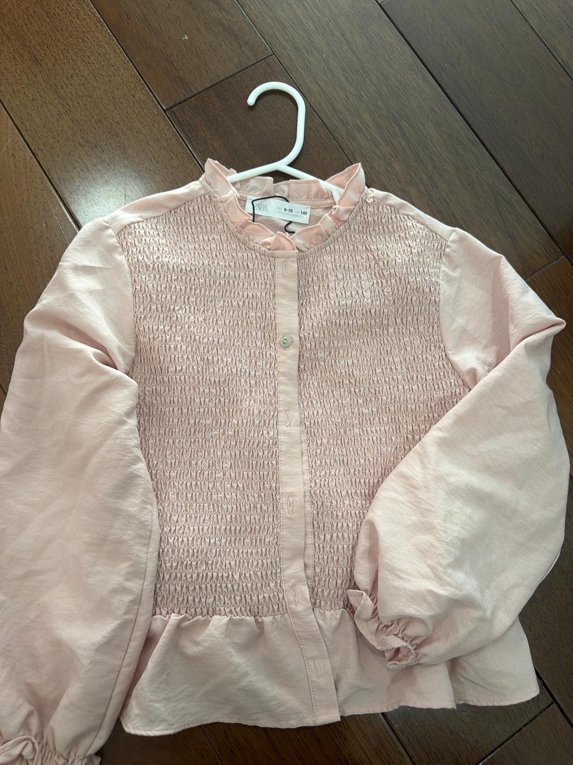 Light pink blouse with ruched chest and long puff sleeves, hanging on a white hanger over a wooden floor.