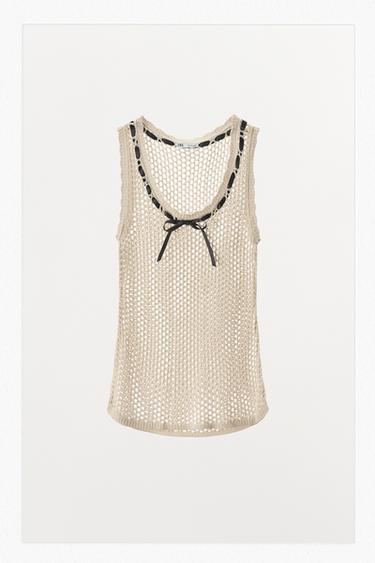 Zara CONTRAST BOW OPEN KNIT T-SHIRT - Oyster-white