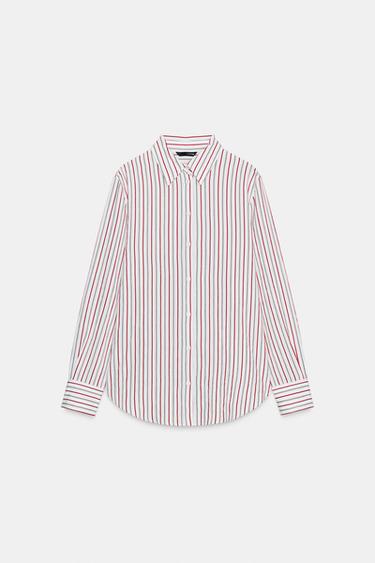 Zara STRIPED OVERSIZED POPLIN SHIRT - White / Red