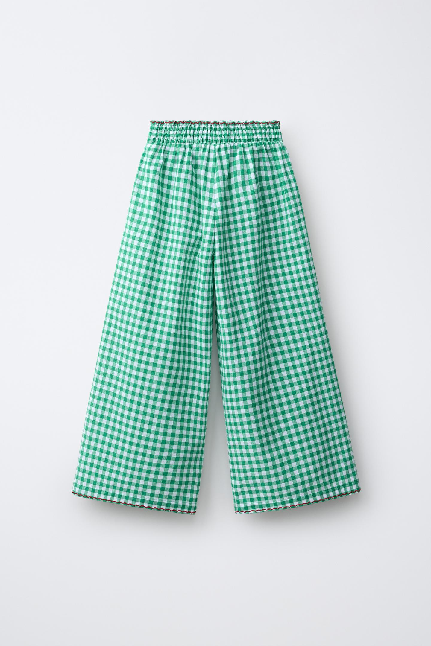 Детские брюки Zara Gingham Wide Leg, цвет: Белый / Зелёный — фото 3