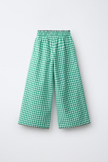 PANTALON LARGE À CARREAUX VICHY - Blanc / Vert de Zara - Image 1