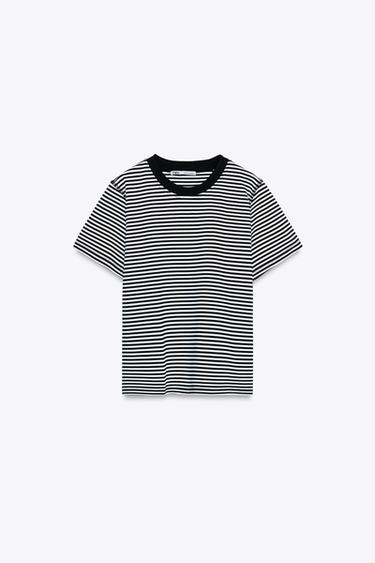 Zara STRIPED COTTON T-SHIRT - Black / White