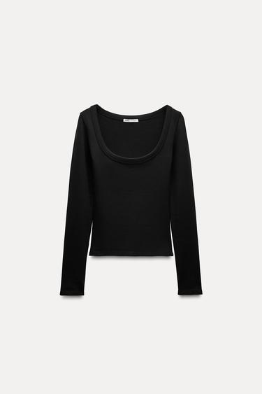 Zara LONG SLEEVE RIB T-SHIRT - Black