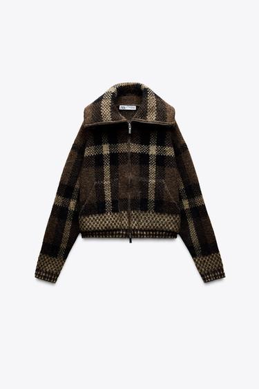 Zara CHECKERED KNIT BOMBER JACKET - Brown / Ecru