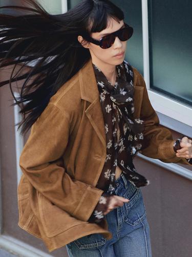 Zara Suede leather blazer with pockets - Dark mink