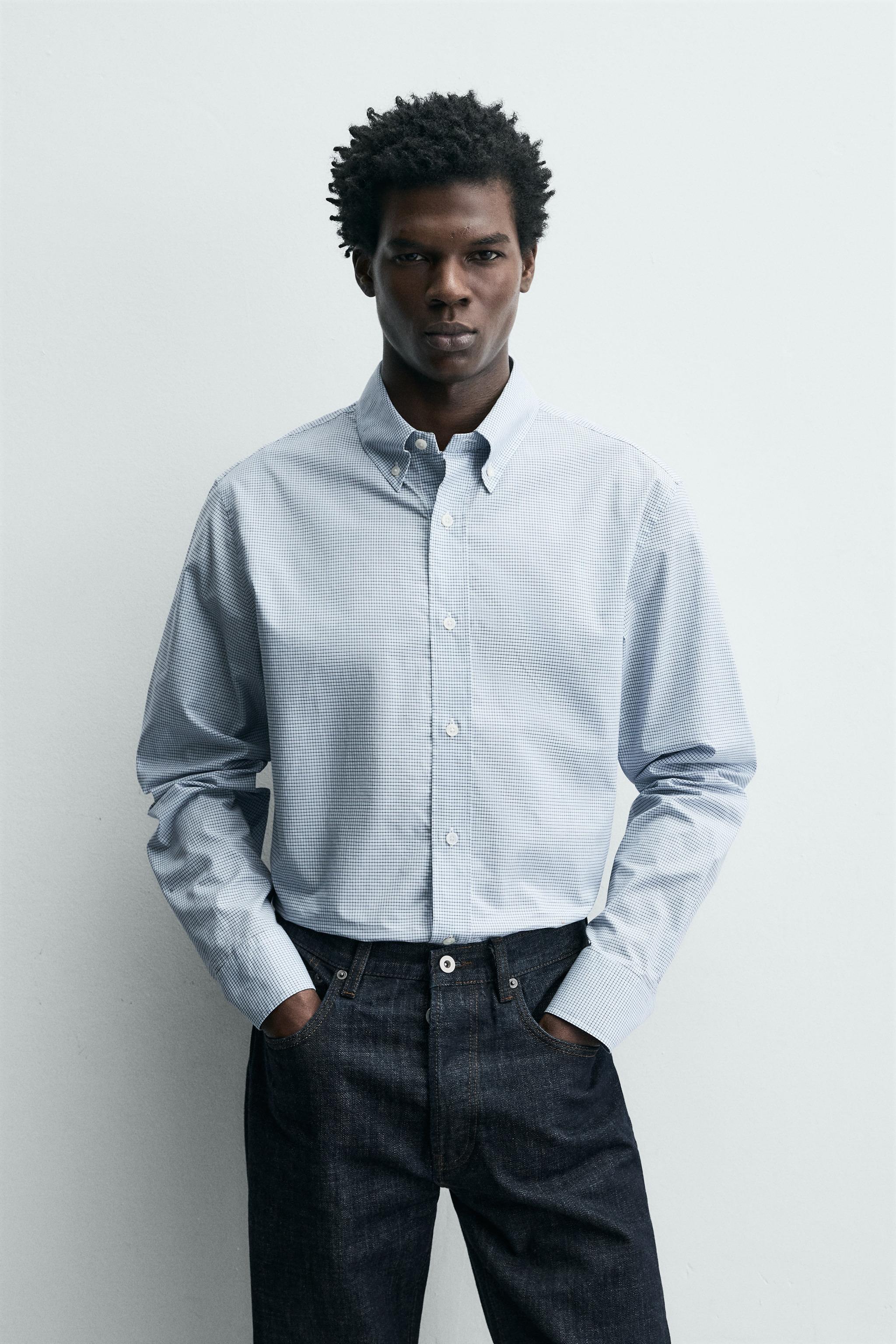 レギュラーフィットチェックシャツ - ホワイト/空色 | ZARA Japan / 日本