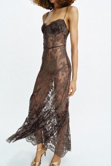 LACE DRESS WITH HOOPS AND STRAPS - Dark brown by Zara