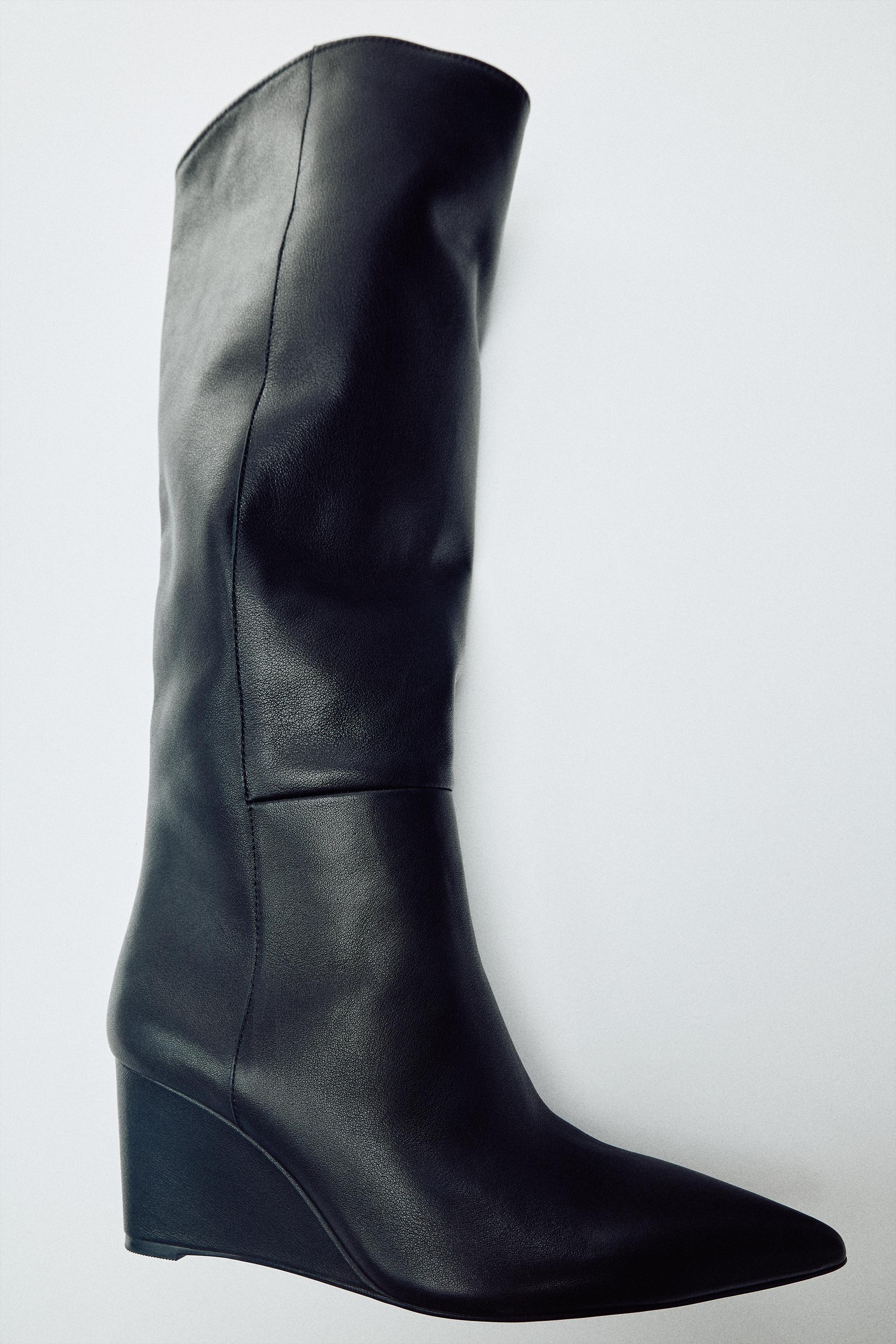 LEATHER WEDGE KNEE-HIGH BOOTS