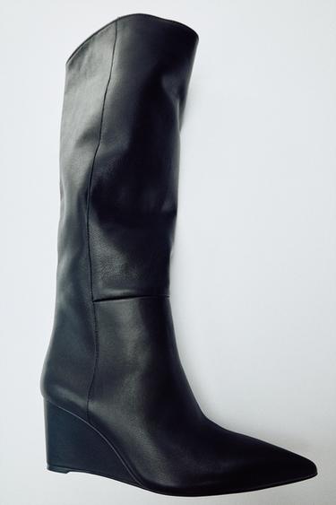 Zara LEATHER WEDGE BOOTS - Black