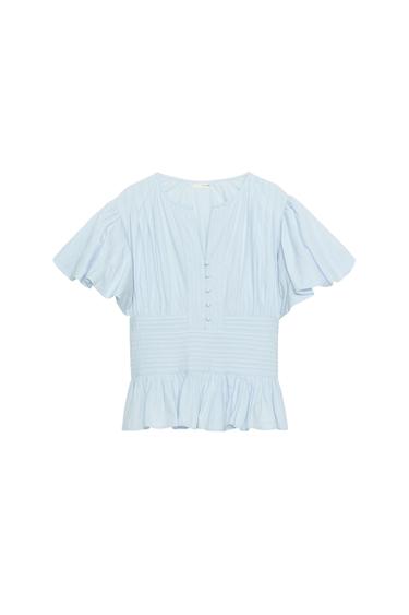 BLOUSE À PLIS NERVURÉS ET MANCHES BOUFFANTES - Bleu ciel de Zara