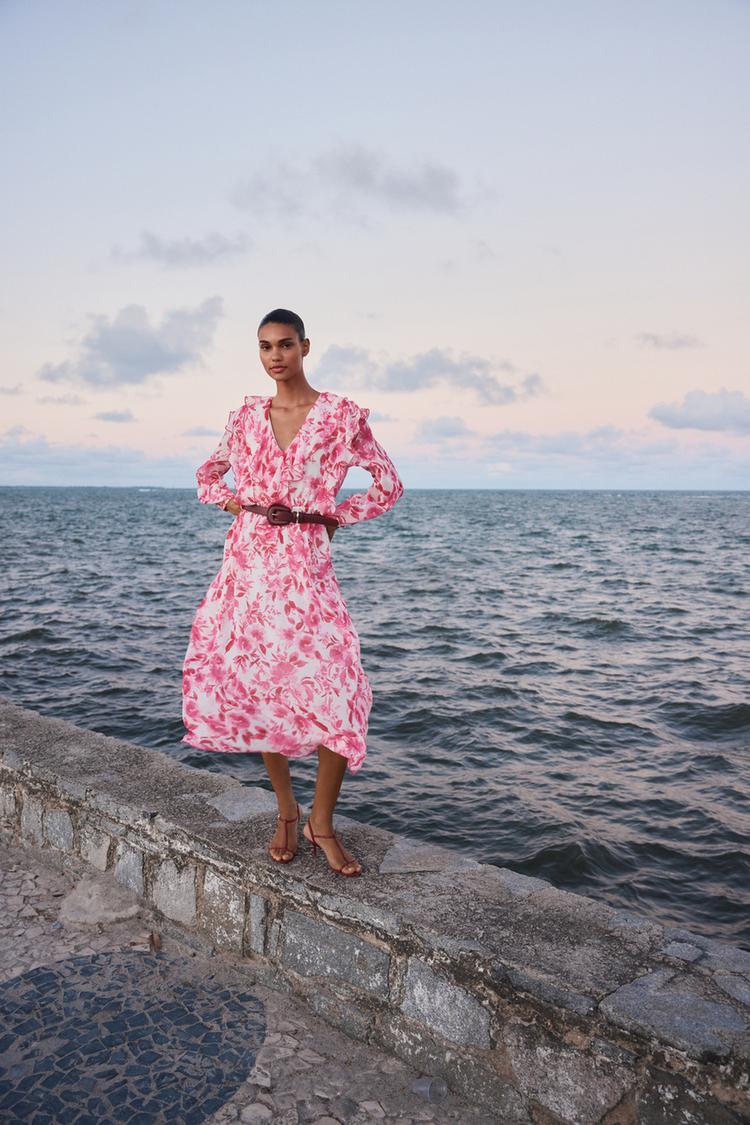 Wrap Dress Floral Pink Dress Zara PRINTED MIDI DRESS WITH BELT