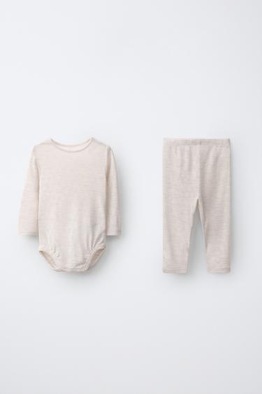 100% WOOL SOLID BODYSUIT AND LEGGINGS SET — Sand / Marl 1