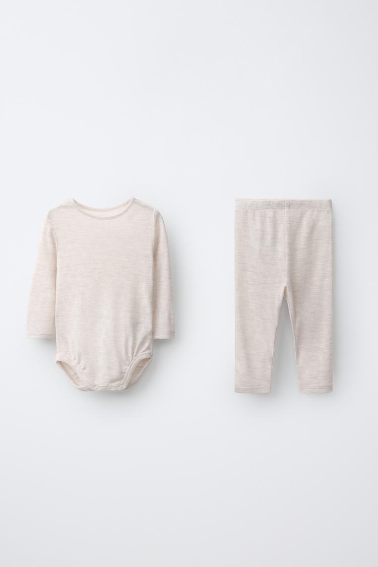 100% WOOL SOLID BODYSUIT AND LEGGINGS SET — Sand / Marl
