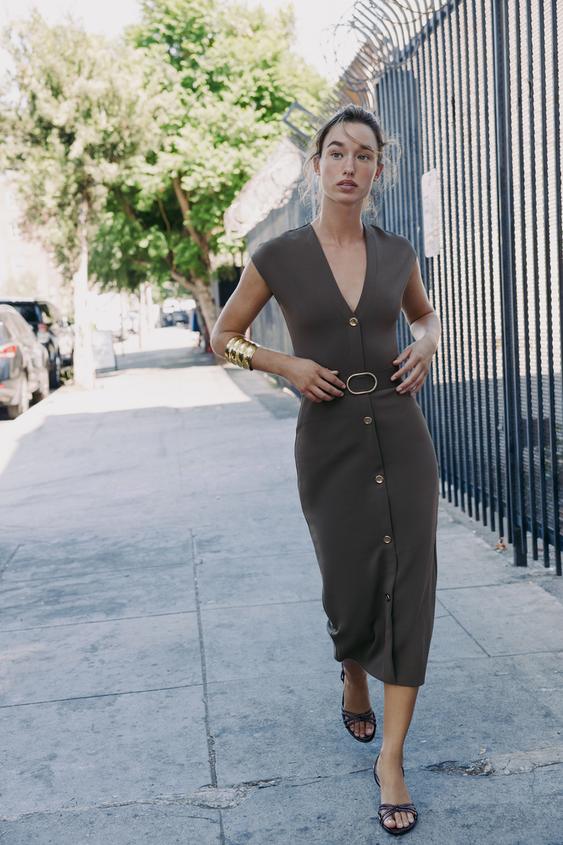 BELTED STRETCH MIDI DRESS