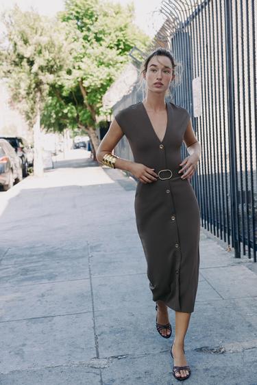 Zara BELTED STRETCH MIDI DRESS - Mid khaki