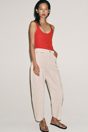 جينز ZW COLLECTION TAPERED خصر متوسط - أبيض / وردي الخاص بـ Zara