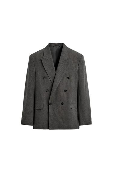 Zara STRIPED TEXTURED SUIT DOUBLE BREASTED BLAZER - Gray