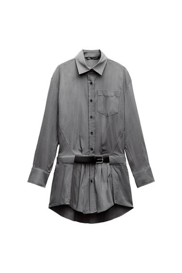 Grey long-sleeved shirt dress with white stripes. Features a collar, buttons, a chest pocket, a black belt, and a pleated hem.