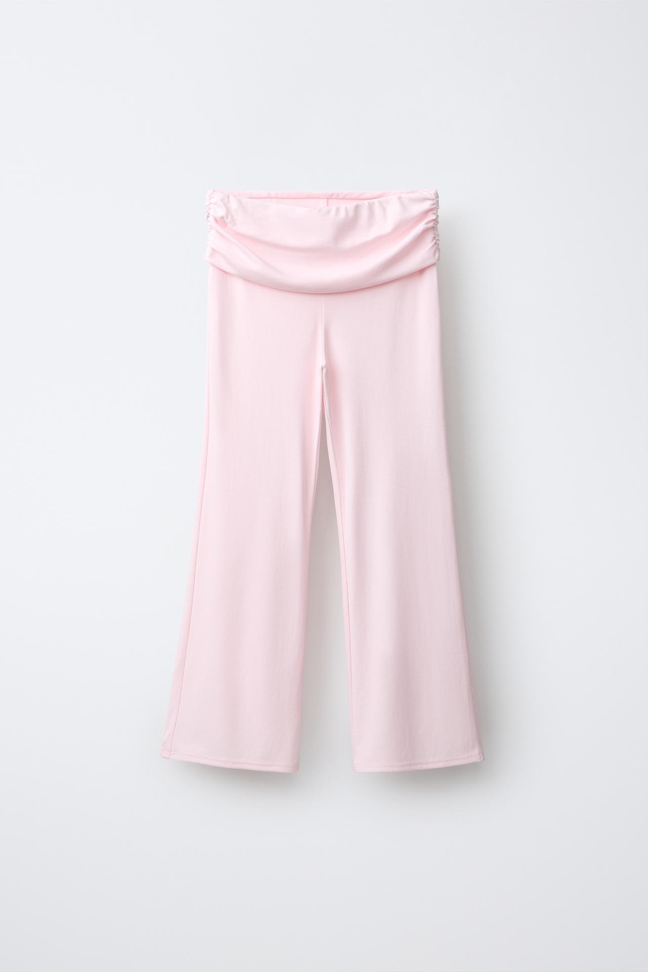 FLARE PANTS WITH TURN-UP AND GATHERING — Pastel pink