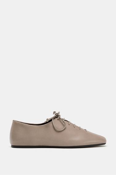LEATHER LACE-UP FLAT SHOES - Taupe Grey by Zara