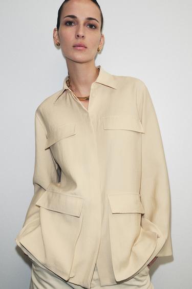 Zara FLOWY POCKET SHIRT ZW COLLECTION - Mid-ecru