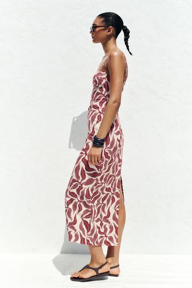 ROBE MIDI RUSTIQUE IMPRIMÉE AVEC LIN - Écru / Grenat de Zara - Image 3