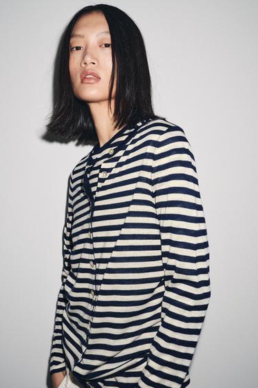 STRIPED KNIT CARDIGAN - Ecru / Blue de Zara - Image 1