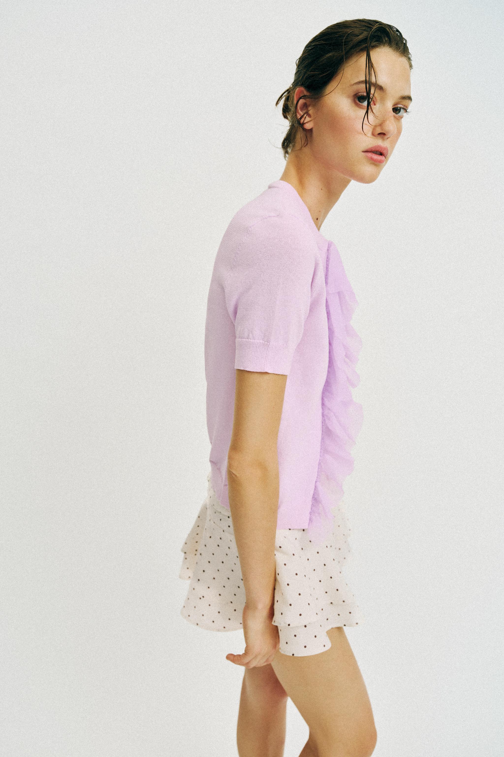 RUFFLED SHORT SLEEVE CARDIGAN