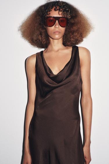 ZW COLLECTION LONG SATIN DRESS - Brown by Zara