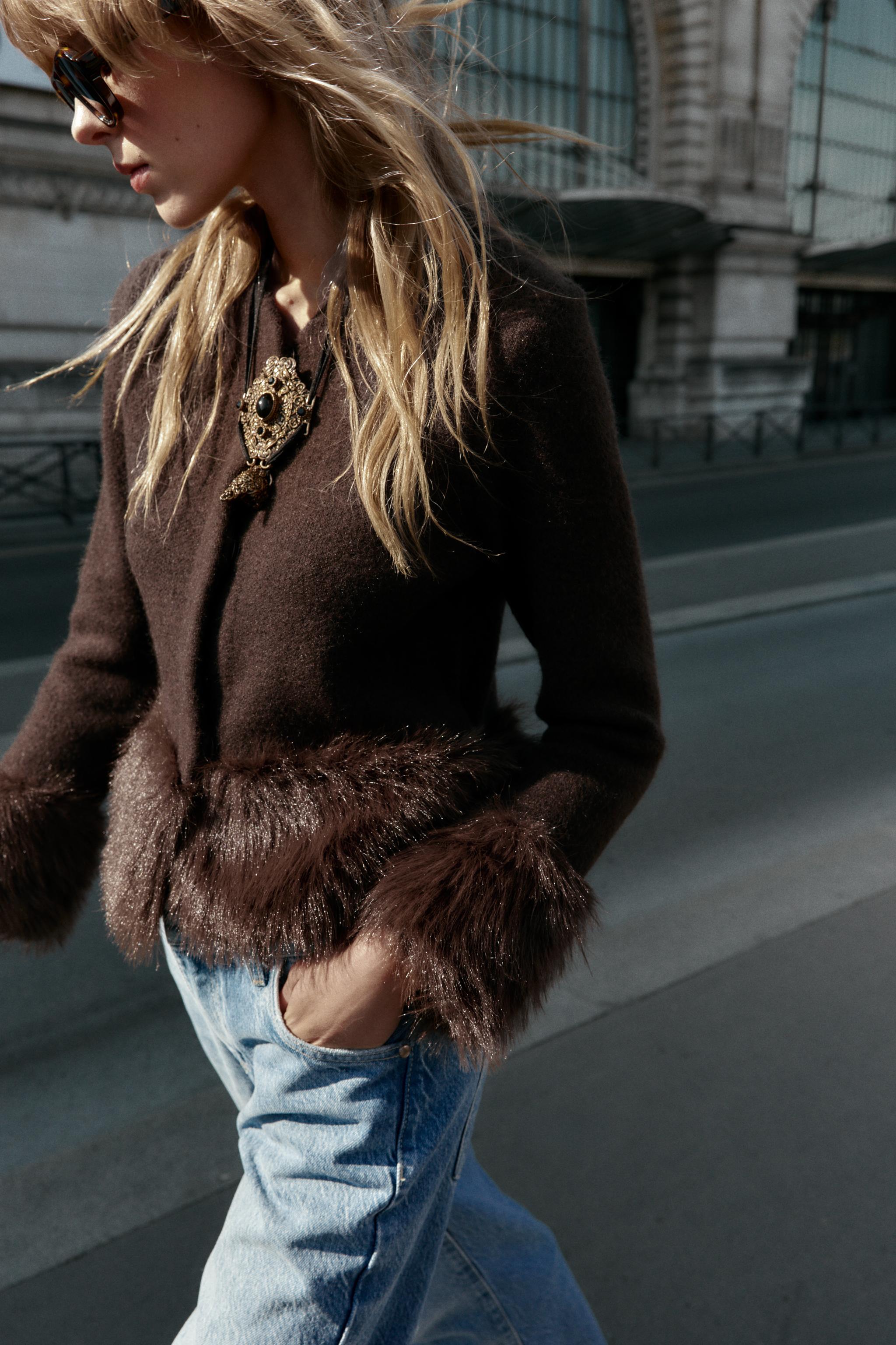 Shop Zara FAUX FUR TRIM KNIT CARDIGAN at Beverly Center in Los