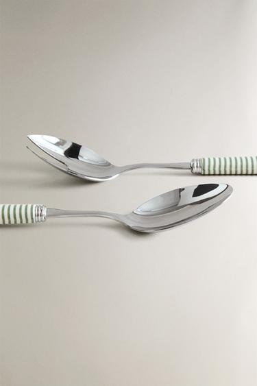SALAD CUTLERY SET WITH STRIPED HANDLE (SET OF 2) - Green / Ecru by Zara - Image 3