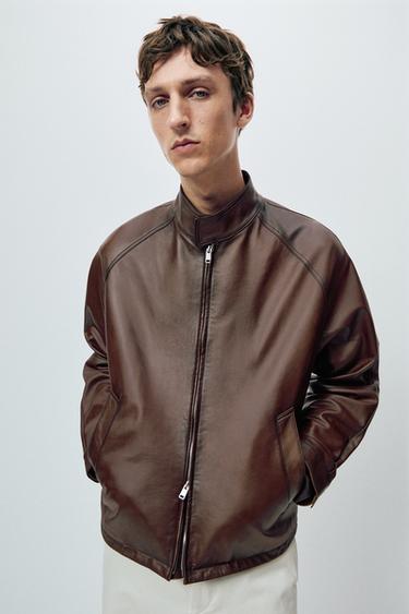 Cazadora cuello alto piel napa - Cuero de Zara