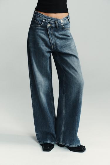 JEAN TRF WIDE LEG TAILLE HAUTE CROISÉE - Bleu / Gris de Zara