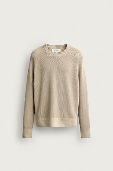 SWETER O REGULARNYM KROJU ZE 100% BAWEŁNY - Piaskowy Zara