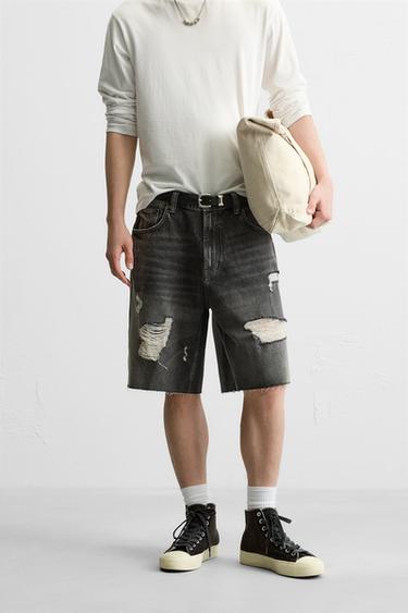 Zara RIPPED DENIM SHORTS - Charcoal