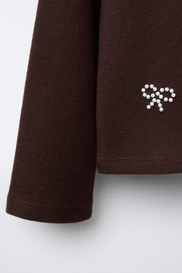 T-SHIRT SOFT TOUCH À NŒUD EN PERLES - Marron de Zara - Image 3